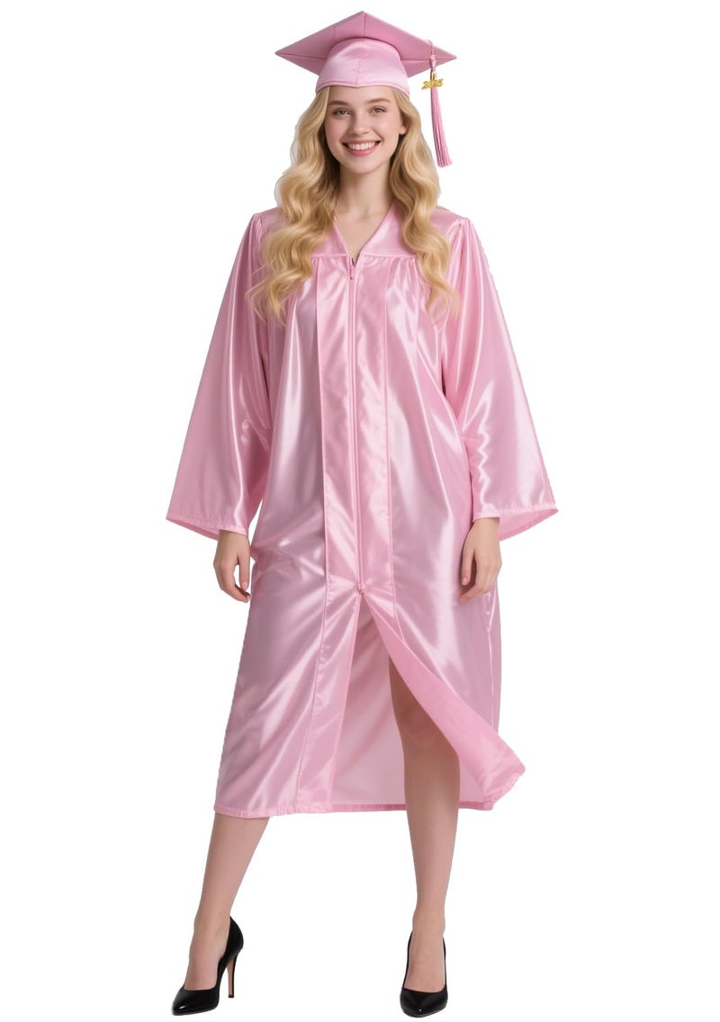 GradPlaza Shiny Graduation Cap and Gown 2025 and 2026 Year Charm Tassel Set Pink Cap and Gown for Middle High School College Adult Size 60 - Image 1